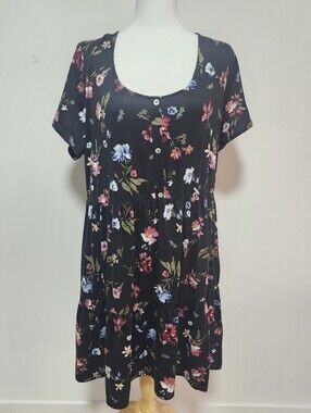 IB Diffusion Black Floral Button Front Short Sleeve Dress
